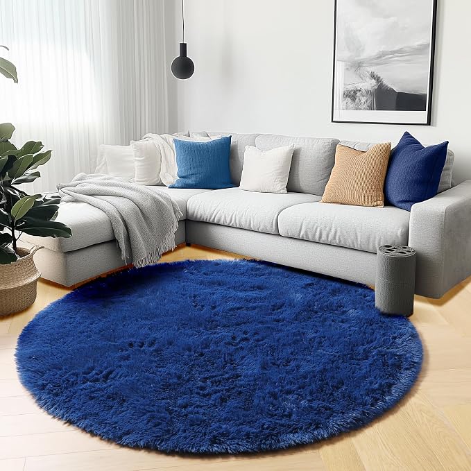 Navy Blue Round Rugs 6ft for Living Room Bedroom, Fluffy Circle Area Rug for - Image 5