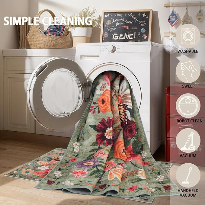 Floral Area Rugs 5x7 for Bedroom Livingroom Green Non-Slip | Ultra-Thin Soft - Image 5