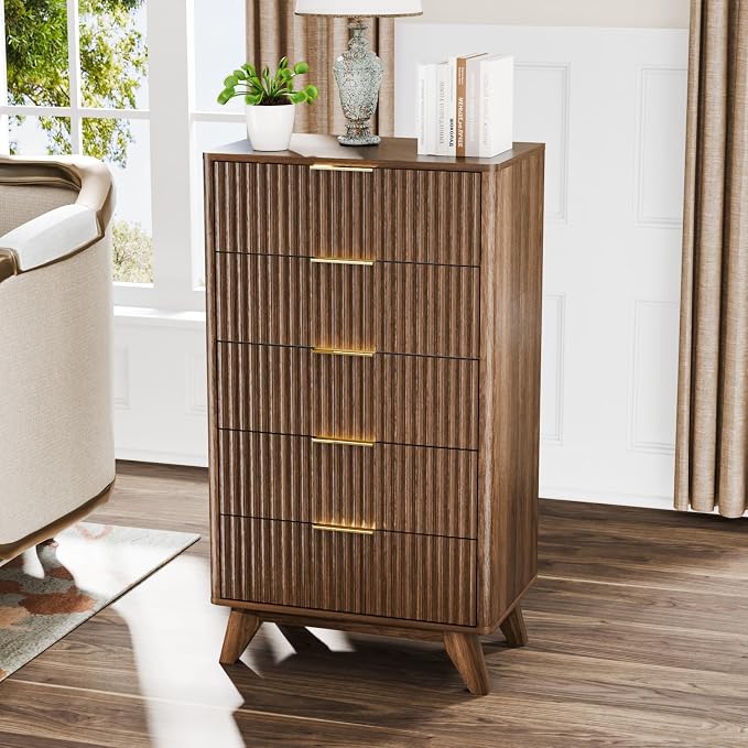 VINGLI Fluted Tall Dresser 5 Drawer, 23.66" W Chest of Drawers, Walnut Wood - Image 9