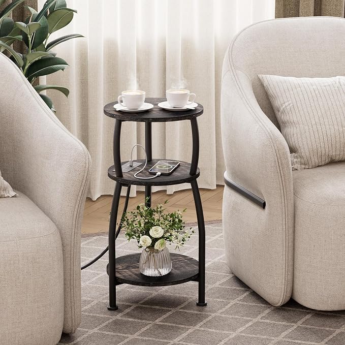 Round Side Table with Power Outlet & USB Ports, 3-Tier End Table with Storage - Image 5
