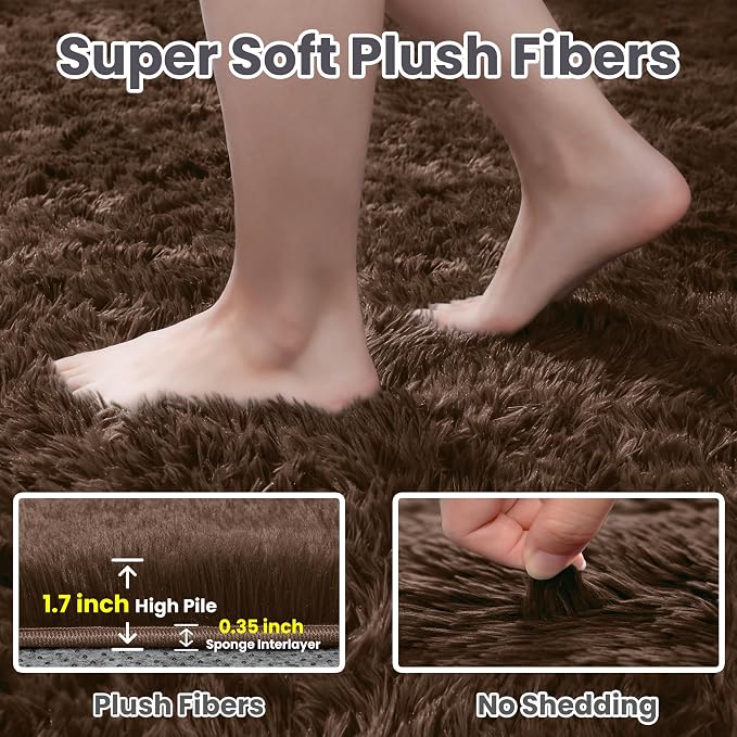 5x7 Fluffy Shag Area Rugs for Living Room Bedroom: Soft Plush Carpet Brown | - Image 5