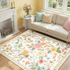 RELEANY Floral Washable 3x5 Area Rugs Beige/White/Orange | Flower Carpet Print - Image 2