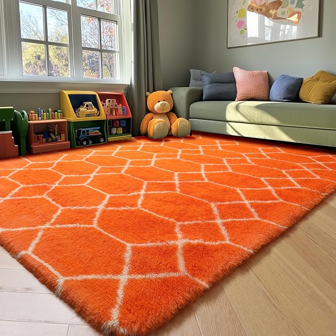 Area Rugs for Bedroom Living Room, 4x6 Fluffy Orange and White Modern Rug | - Image 9