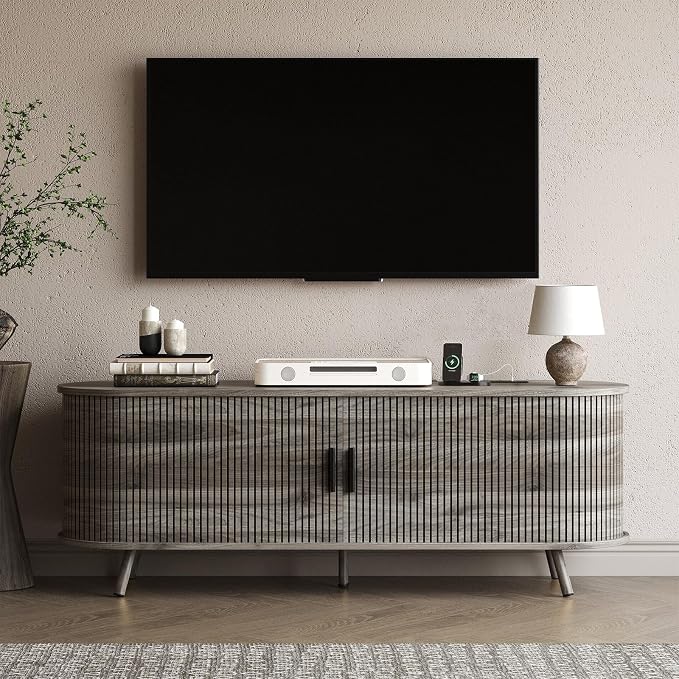 55 inch TV Stand with Power Outlet, Fluted Entertainment Center by Unknown