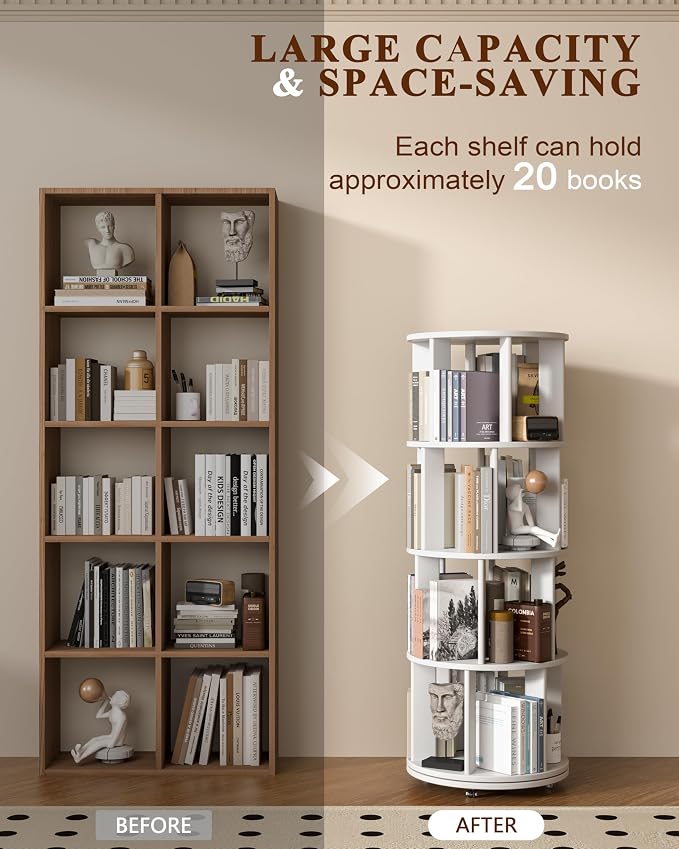 4-Tier Solid Wood Rotating Bookshelf on Wheels, 360° Spinning Book Shelf Tower - Image 3