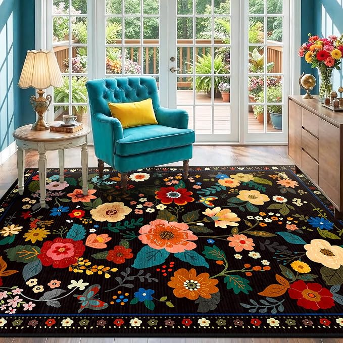 RELEANY Floral Washable 4x6 Area Rugs Black | Flower Carpet Print Boho Cute Non - Image 2