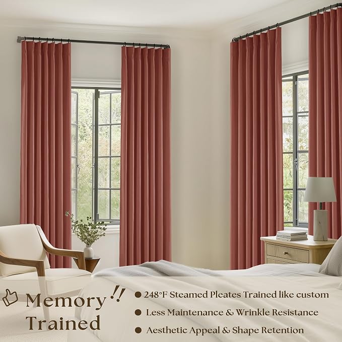 Terracotta Pinch Pleated Linen Blackout Curtains 90 Inches Long - Image 2