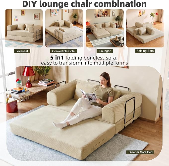 59in Convertible Sofa Bed, Corduroy Boneless Couch Bed, Futon Sleeper Sofa Pull - Image 3