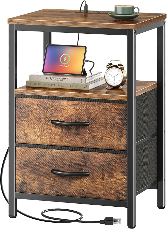 Huuger Nightstand with Charging Station, Fabric Drawers, End Table with Open by Huuger