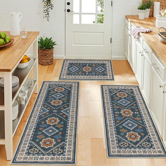 HEBE Boho Kitchen Rugs Set of 3, Non Slip Washable Kitchen Mats - Image 3