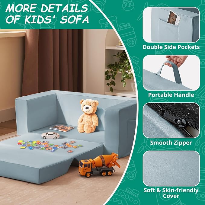Kids Couch, 2-in-1 Toddler Chair Comfy 1-3 Years, Convertible Kids Chair - Image 4