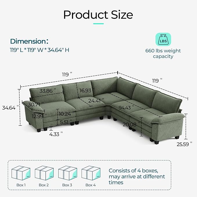 LINSY HOME Modular Sectional Sofa, 5-Seat Corduroy Modern Cloud Couch - Image 2