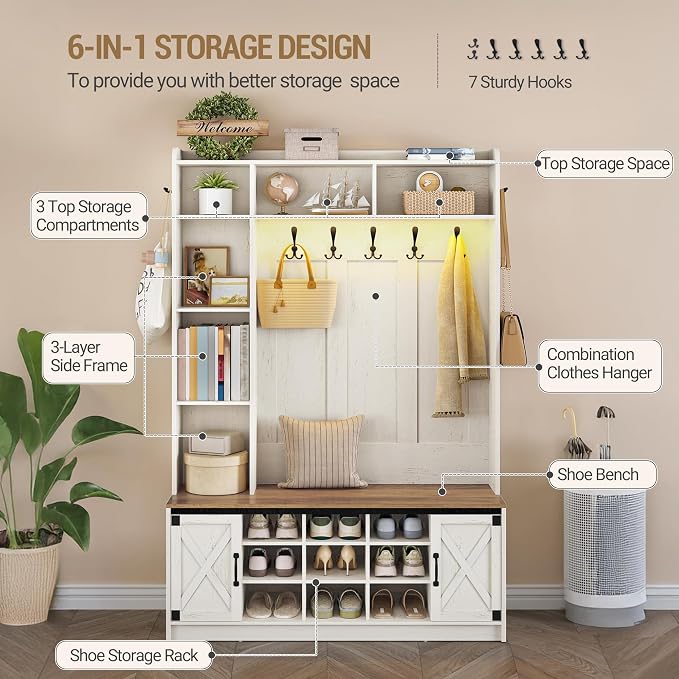 Hzuaneri 47.2" Hall Tree, LED Farmhouse Entryway Storage and Coat Rack Wood - Image 5