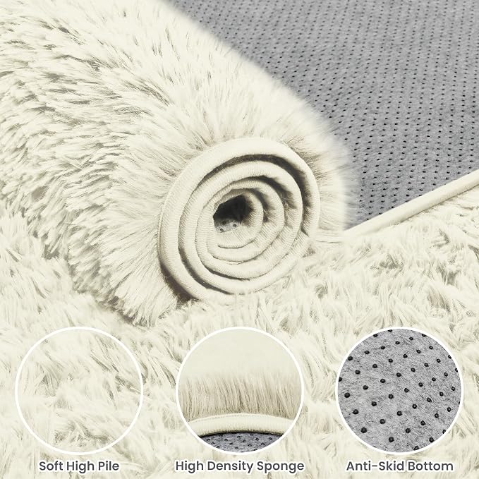 5x7 Fluffy Shag Area Rugs for Living Room Bedroom: Soft Carpet Cream White | - Image 6