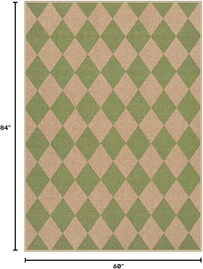 Lahome Checkered Easy Jute 5x7 Area Rug, Outdoor Patio Rugs Washable Green | - Image 2