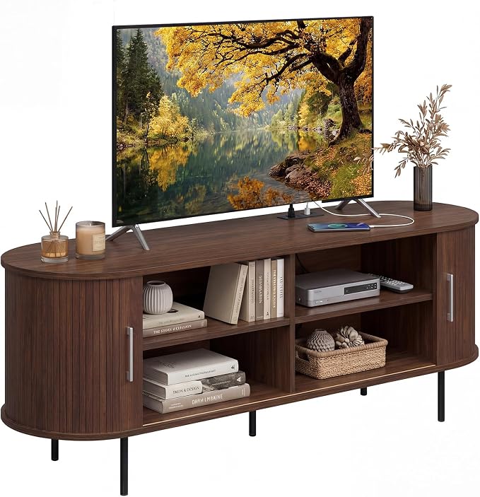 Tangkula Fluted TV Stand for TVs up to 60”, Mid Century Curved Entertainment by TANGKULA