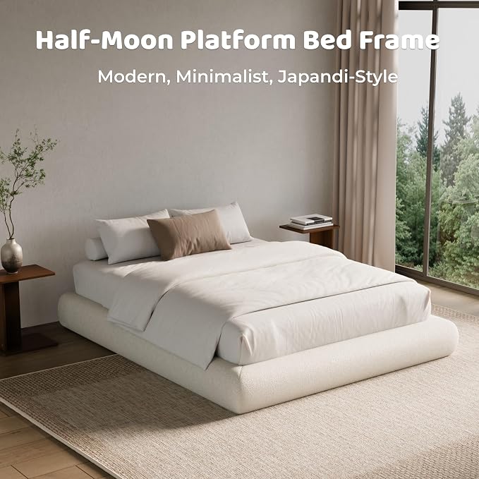 RECCI AirFrame Half-Moon Upholstered Queen Platform Bed Frame, Boucle Curved - Image 6