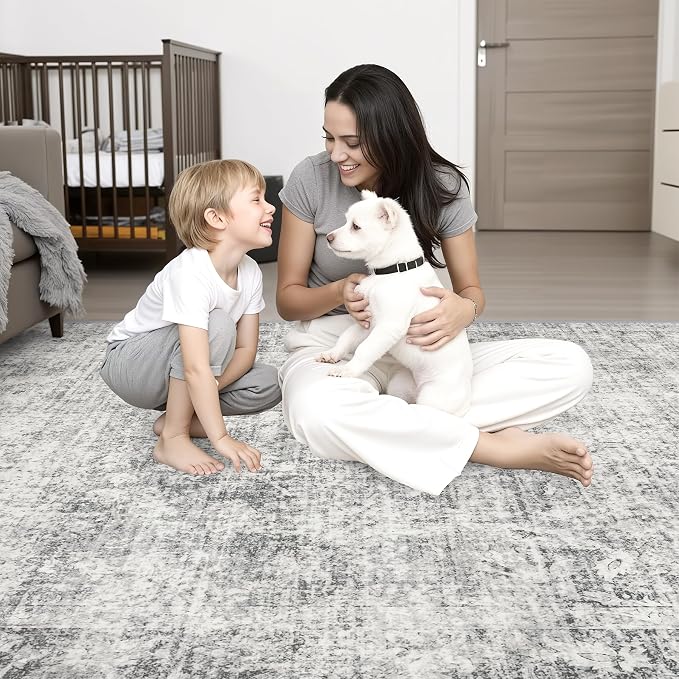 5x8 Area Rug Living Room: Modern Washable Soft Carpet Black Grey | - Image 8
