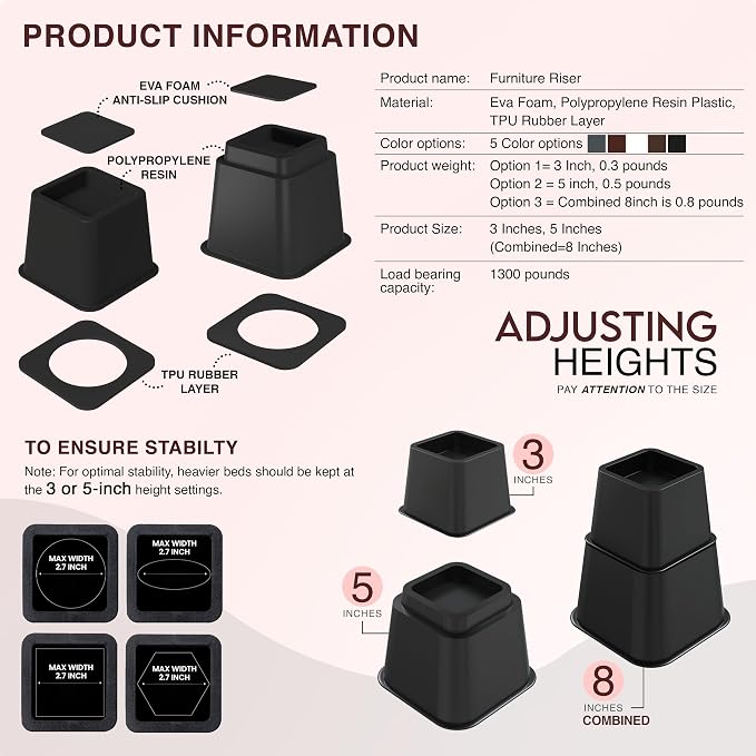 Utopia Bedding Bed Riser, 3 & 5 Inches Adjustable Furniture Risers - Image 5