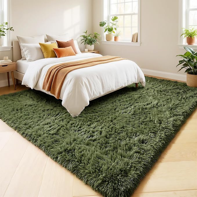 Amdrebio Olive Green Large Fuzzy Furry Area Rug 6x9 - Image 3