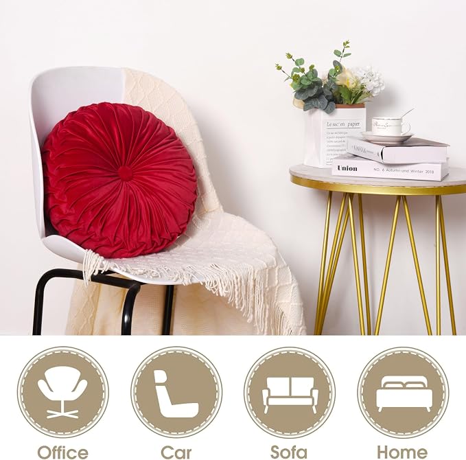 HIG Set of 2 Red Velvet Decorative Round Pleated Throw Pillows | Vintage Floor - Image 4