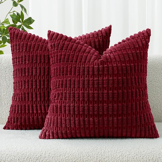 MIULEE Corduroy Decorative Throw Pillow Covers 18x18 Burgundy Pack of 2 | Soft by MIULEE