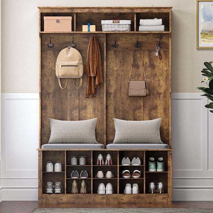 Wodeer Hall Tree with Bench and Shoe Storage, 6 Hooks, 12 Shoe Cubbies - Image 6