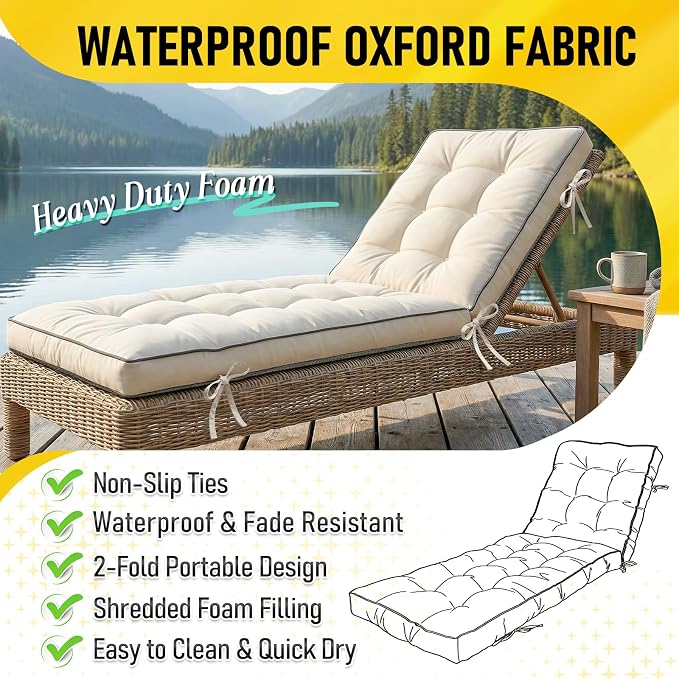 2 Pack 72x21 Inch Folding Chaise Lounge Cushion Quick Dry - Image 3