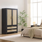 SICOTAS Rattan Armoire Wardrobe Closet Cabinet, 2 Drawers and Hanging Rod - Image 4