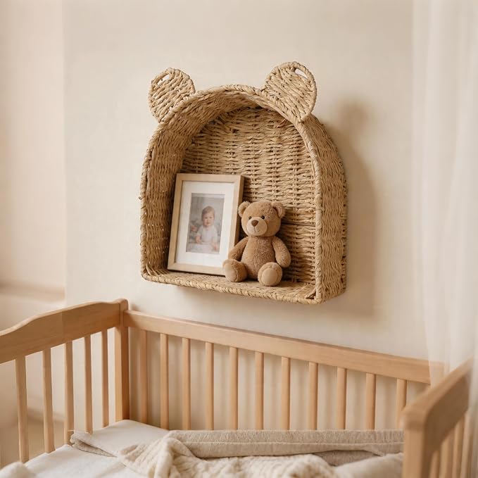 Arched Bear Nursery Wall Shelf, Handwoven Wicker Nursery Shelf - Image 6