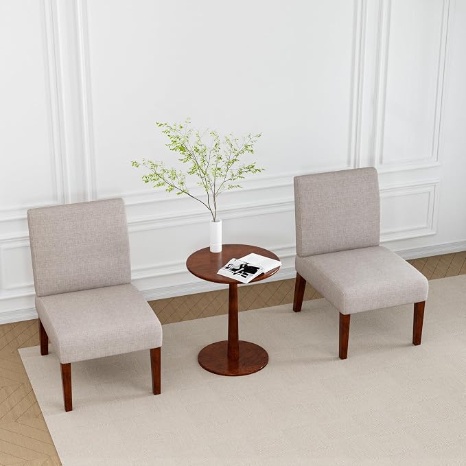 Set of 2 Accent Chairs with Matching Table, Linen Upholstered Solid Wood Side - Image 3