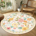 RELEANY Floral Washable Round 4ft Area Rug Beige/White/Orange | Flower Carpet - Image 9