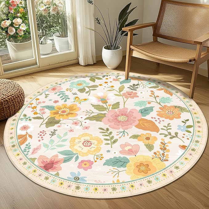 RELEANY Floral Washable Round 6ft Area Rug Beige/White/Orange | Flower Carpet - Image 8