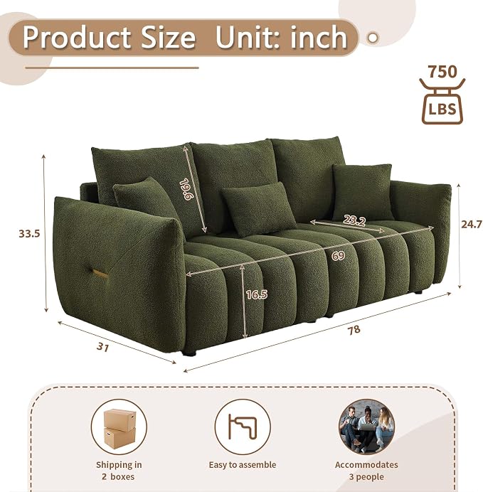 Antetek 78" Modern Sofa Couch, Comfy Deep Seat Teddy Cloud Sofa, Upholstered - Image 2