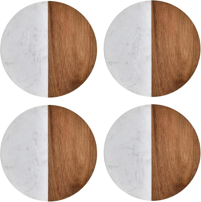 I-LAN 4-Pack Marble and Acacia Wood Coasters, 4-Inch Round Natural Wood Drink by ilan