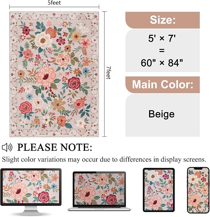 DUKINO 5x7 Area Rugs, Floral Washable Rug - Image 2