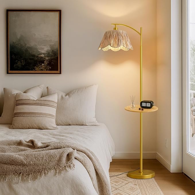 Oneach Floor Lamp with Table for Bedroom, Boho Standing Lamps with Foot Switch - Image 2