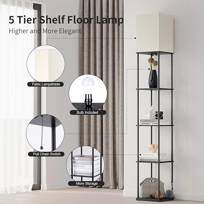 SUNMORY 5 Tier Floor Lamp with Shelves, Modern Square Standing Lamp with 3 - Image 3
