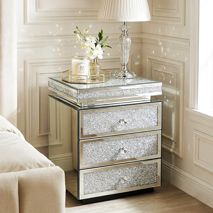 Modern Glam Glass Mirror Nightstand, 3-Drawer Luxury Mirrored Accent Table by MONNIYU
