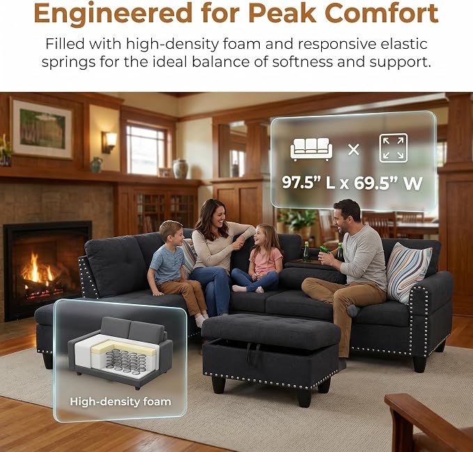97.5" L Shaped Couch Set Linen, Modular Sectional Couches - Image 6