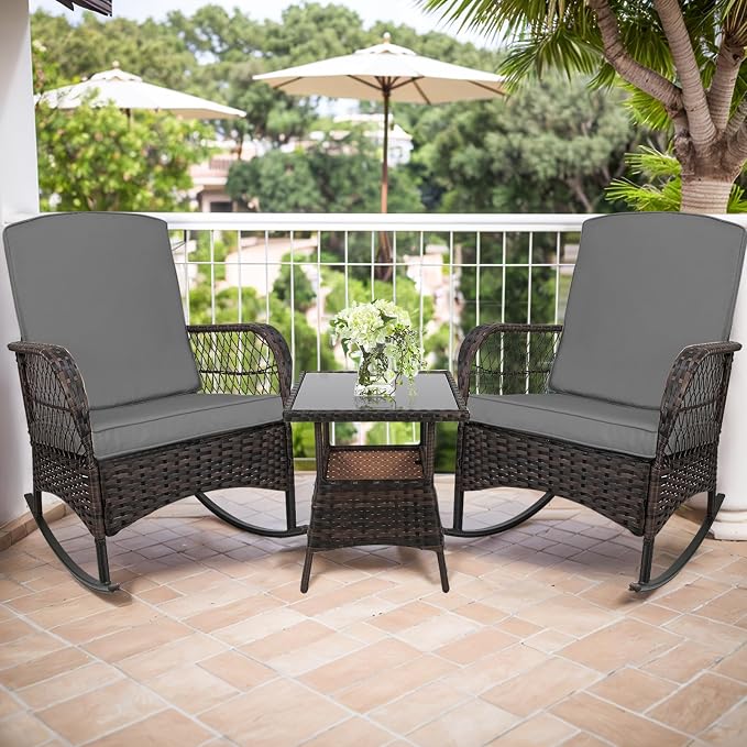 LEVELEVE 3 pcs Rocking Bistro Set Conversation Chairs PE Wicker Outdoor Rocking - Image 7