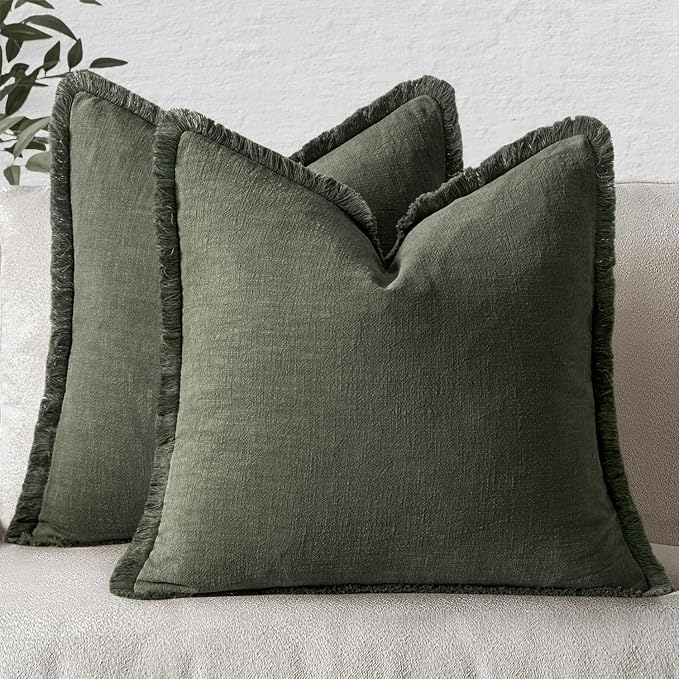 MIULEE Boho Linen Fringe Decorative Throw Pillow Covers Rifle Green 20x20 | Set by MIULEE
