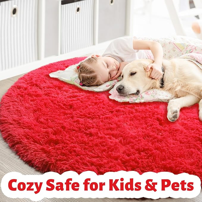 Amdrebio Red Furry Round Circle Area Rug 4Ft - Image 4