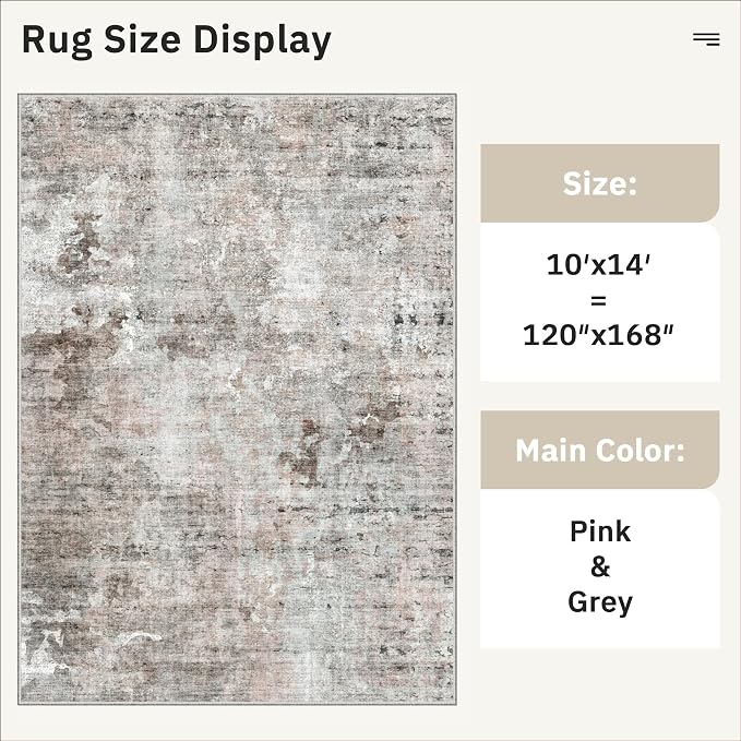 Soalmost 10x14 Area Rugs for Living Room Washable Rug Abstract Pink/Grey | - Image 5