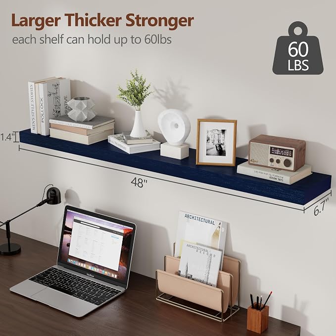 fuqing Dark Blue Floating Shelves 48 Inch, Solid Wooden Wall Shelves Set of 2 - Image 2