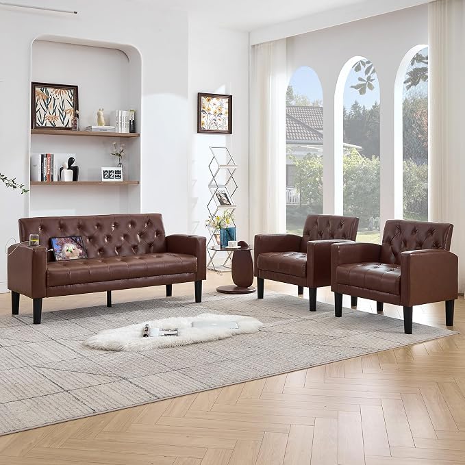 TYBOATLE 62" W Leather Loveseat w/Chairs, 3 Piece Sofa Sets by TYBOATLE