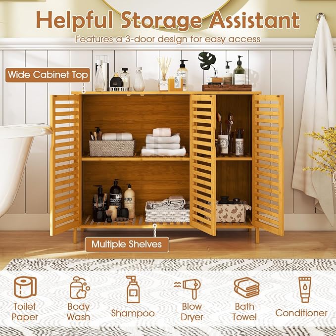 Giantex Bamboo Bathroom Storage Cabinet, 3-Door Storage Organizer - Image 4
