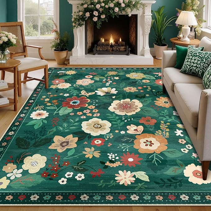 RELEANY Floral Washable 8x10 Area Rugs DarkGreen | Flower Carpet Print Boho - Image 6