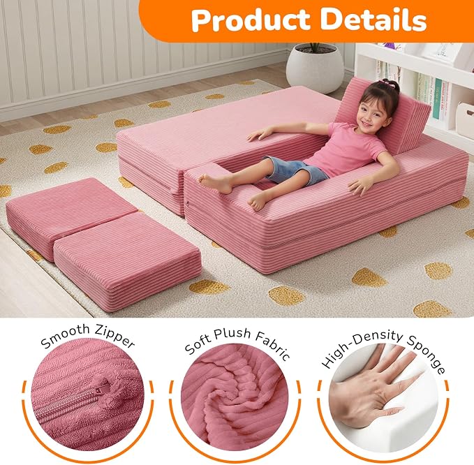 MeMoreCool Pink Corduroy Kids Play Couch, Modular Toddler Couch - Image 5