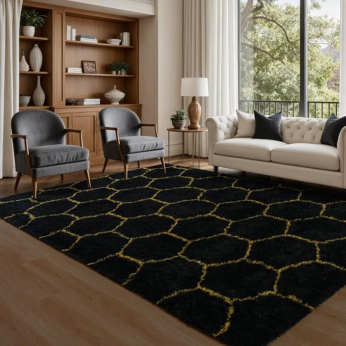 6x9 Large Black Gold Fluffy Soft Area Rug Non-Slip - Image 3